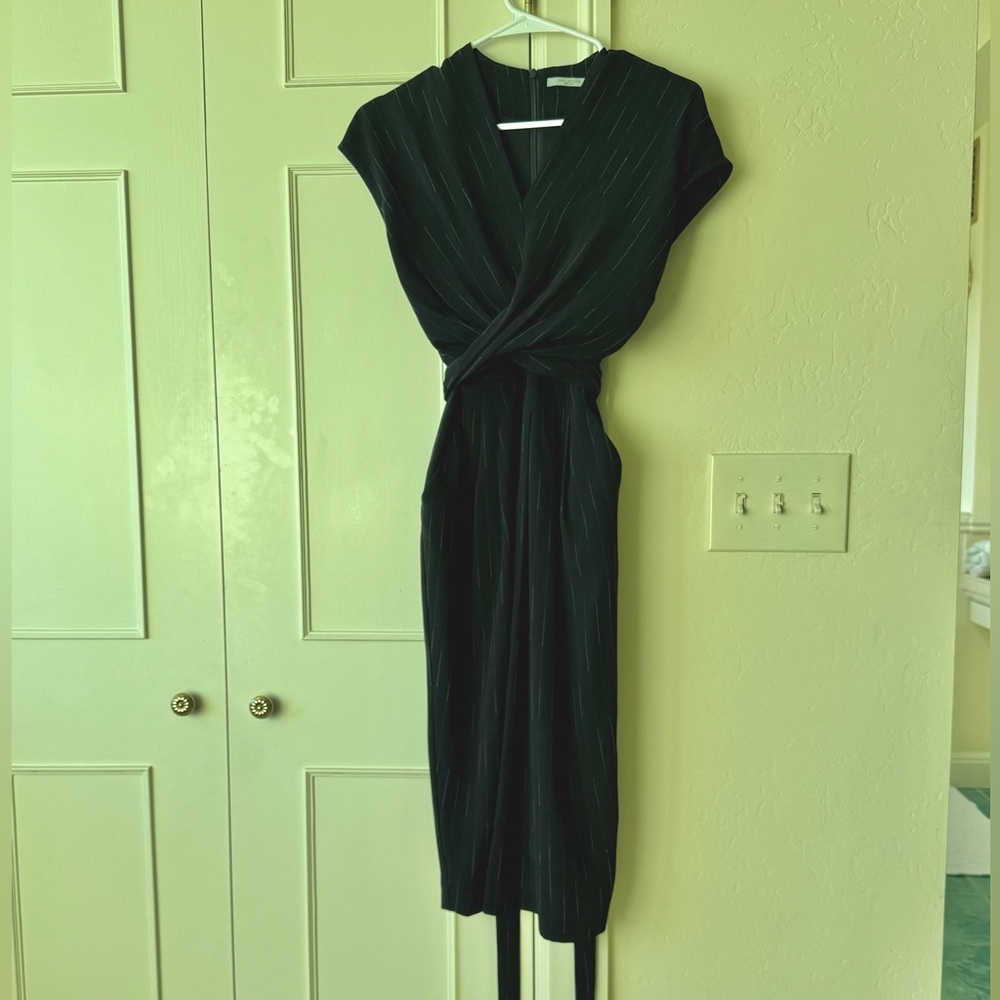 MM Lafleur Black and white pinstripe Wrap V-Neck Midi Dress Size 0